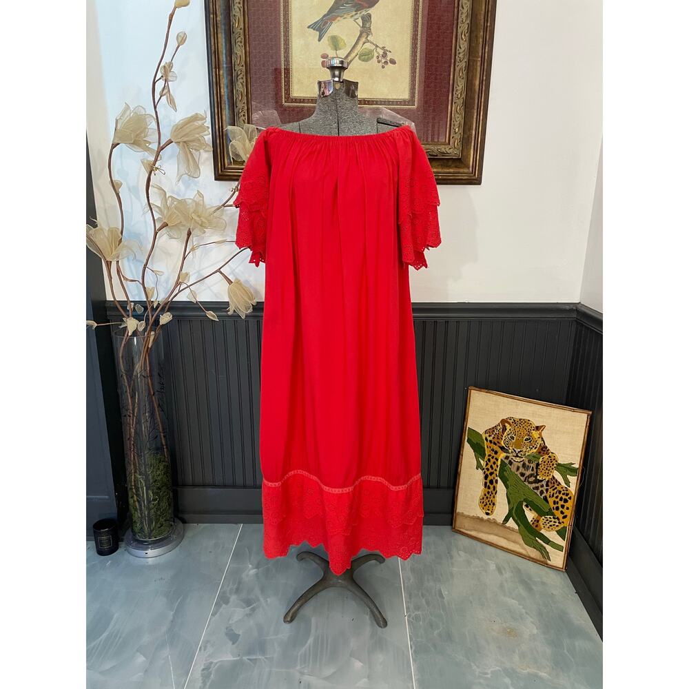 Melissa Odabash Red Off Shoulder Midi Dress Eyelet Lace Resort Size L